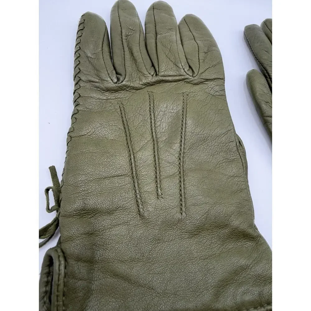 Olive Green Leather Gloves Side Stitching Detail Size Medium